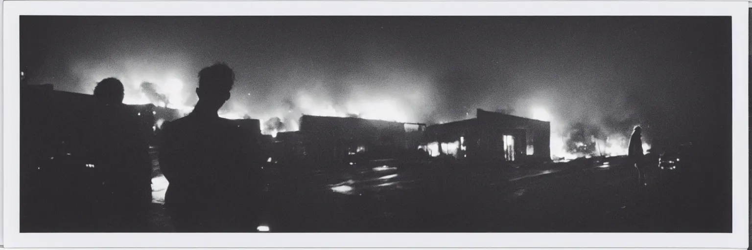 Prompt: 8 0 s polaroid photo, cinema still from david lynch movie, sleazy man watching night streets while a single house burns in the background of suburbia, haze, americana, high production value, 8 k resolution, hyperrealistic, hdr, photorealistic, high definition, high details, tehnicolor, award - winning photography, masterpiece, amazing colors