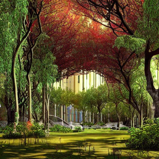 Image similar to Beautiful city of the future, overgrown with trees and plants. Nice colour scheme, warm colour. Grainy. Beautiful artistic digital artwork by artist Lurid. (2022)