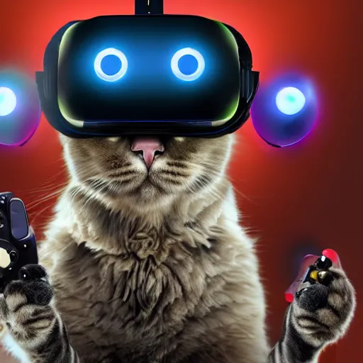 Image similar to beautiful fluffy cyborg cat wearing virtual reality headset on face, standing up holding game controllers in paws, detailed 4 k painting