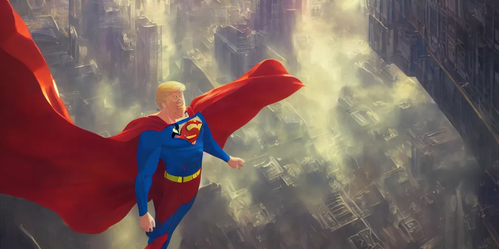 Image similar to donald trump as superman, art by makoto shinkai, studio ghibli, greg rutkowski, wlop, highly detailed, anime key visual, 4 k, high quality, studio portrait