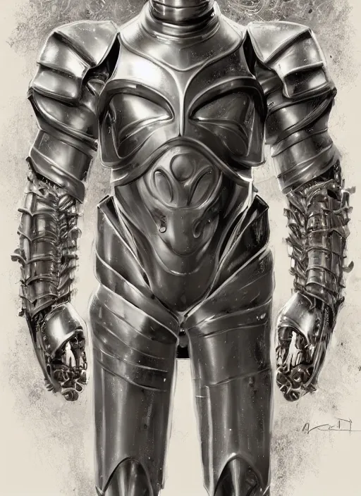 Image similar to powerful male tin man, willem dafoe as tinman, full body character concept, covered in full metal armor, art nouveau, super powers, fantasy, intricate, elegant, highly detailed, digital painting, artstation, concept art, shining, sharp focus, illustration, art by stanley lau