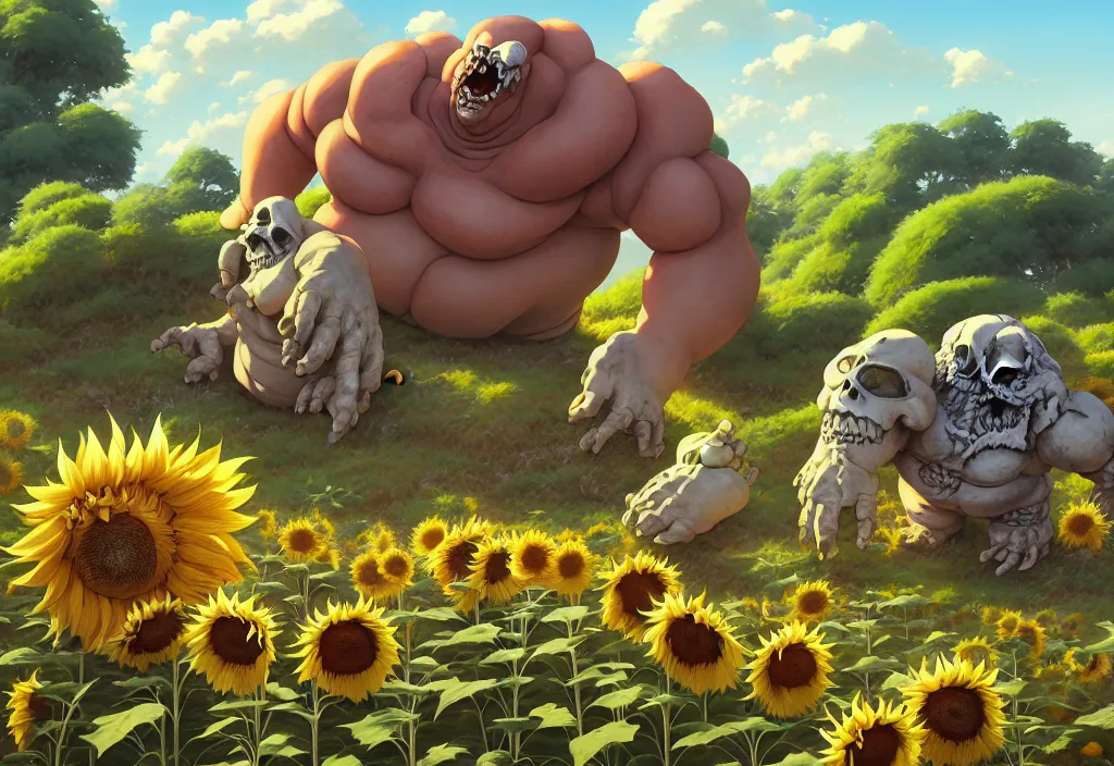 Prompt: chubby giant monster bones in the countryside with sunflower in the foreground, intricate oil painting, high detail illustration, sharp high detail, manga and anime 1 9 9 9, official fanart behance hd artstation by jesper ejsing and makoto shinkai, 4 k,