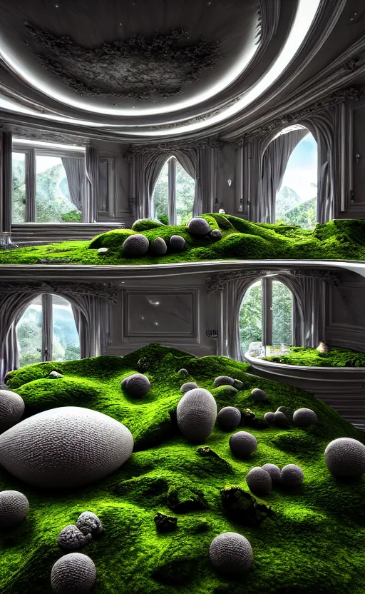 Image similar to highly detailed ultra sharp 3 d render villa interior cinematic composition of a smooth ceramic porcelain biomorphic magnolia stone nebula fluid fractal sci - fi surreal architecture landscape, granite, metallic, magnesium, marble, moss and lichen, vincent callebaut composition, mamou - mani, archviz, beautiful lighting, 8 k, unreal engine, hdr,