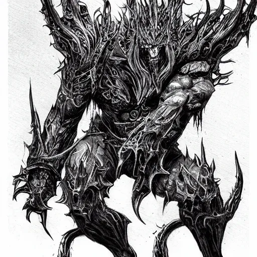 Prompt: full body character concept art diablo lord of terror engulfed in flames, detailed ink drawing by Dmitriy Tkach