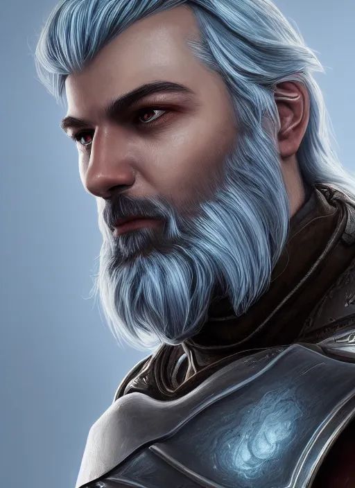 Image similar to an epic fantastic realism style portrait painting of an aasimar paladin, male, silver hair, short brown beard, d & d concept art, unreal 5, daz, teal aesthetic, octane render, centered in frame, cosplay, rpg portrait, dynamic lighting