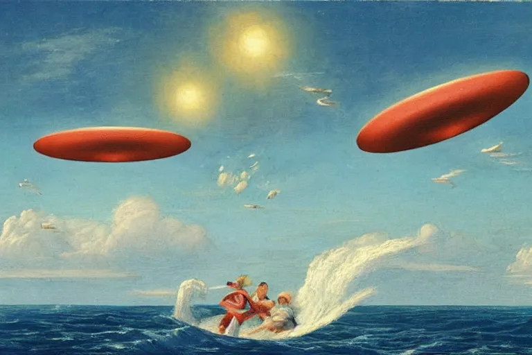 Prompt: two flying saucers battling over the ocean. art by george philip reinagle.