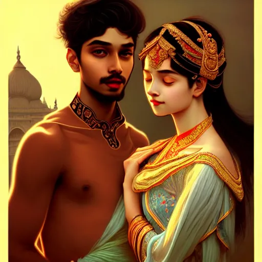 Image similar to portrait of beautiful young bengali romantic couple fantasy, intricate and very very beautiful and elegant, highly detailed, digital painting, artstation, concept art, smooth and sharp focus, illustration, art by tan zi and ayanamikodon and alphonse mucha and wlop