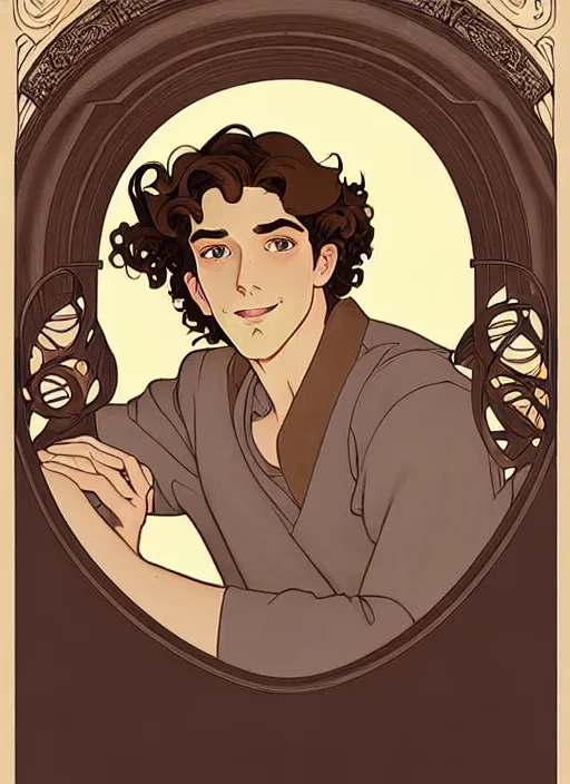 Prompt: art nouveau portrait of a handsome young man with curly medium length very messy light brown hair, brown eyes, aloof, t - shirt, natural lighting, path traced, highly detailed, high quality, cartoon, digital painting, by don bluth and ross tran and studio ghibli and alphonse mucha