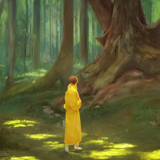 Image similar to concept art painting of an anthropomorphic doe wearing yellow robes, in the deep forest, realistic, detailed, cel shaded, in the style of makoto shinkai and greg rutkowski and james gurney