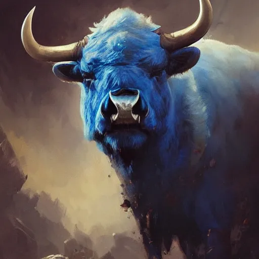 Image similar to angry blue bison portrait by greg rutkowski and frank frazetta, dark fantasy, blue, artstation