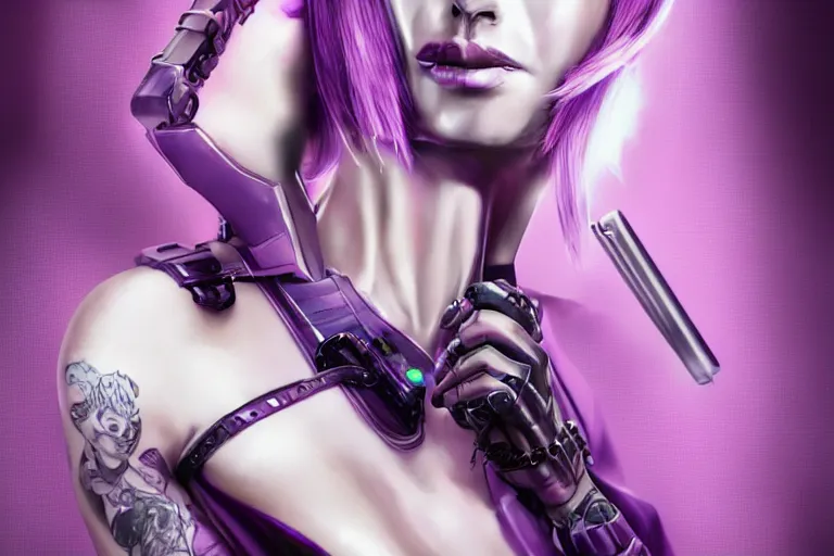 Prompt: feminine cyberpunk pinup with white french bob style hair and body tattooed solid purple, cgsociety, highly detailed, attractive, 16k, smooth, sharp focus, trending on ArtStation