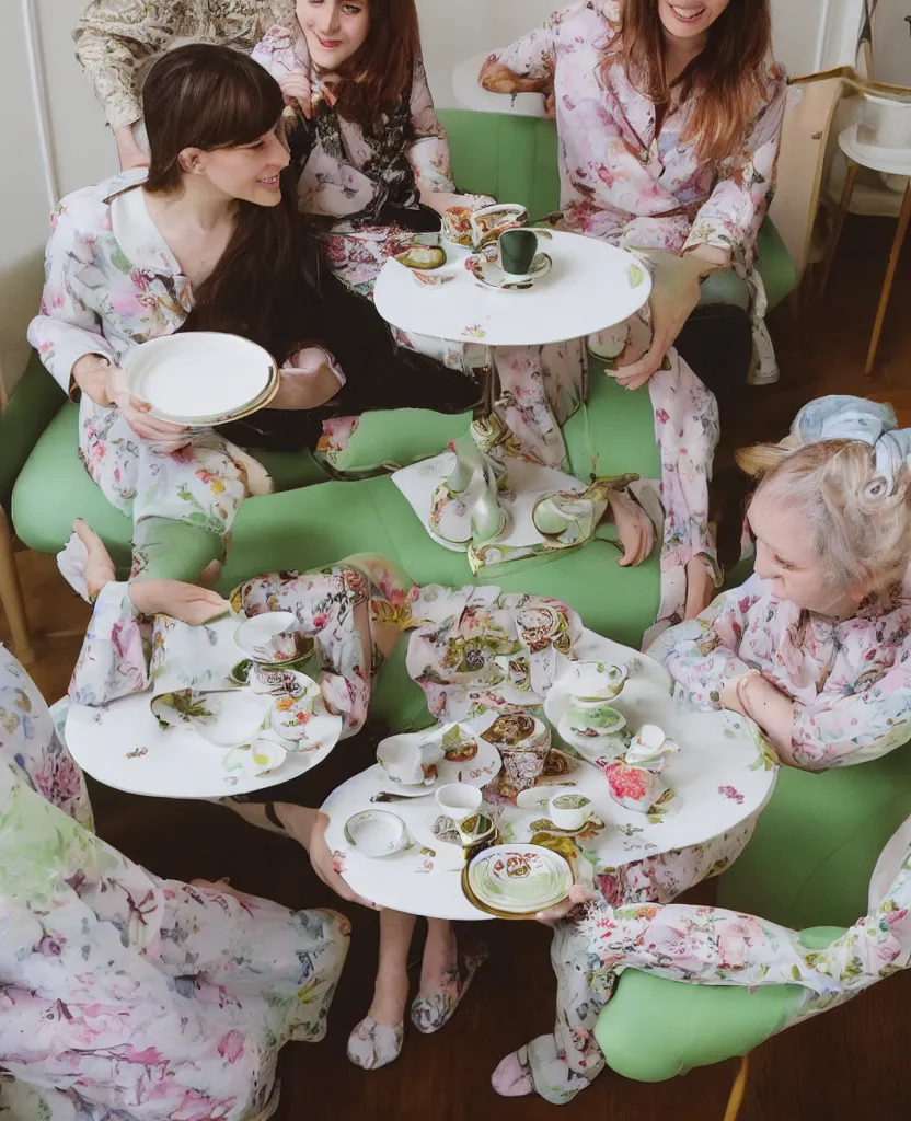 Prompt: cup and saucers it’s tea time with your green aunt and her best friend mid day London room