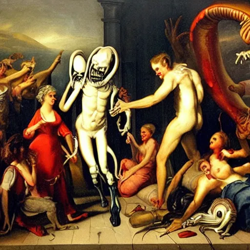 Prompt: liberals partying with a Xenomorph, hyper realistic, oil painting, mid 18th century