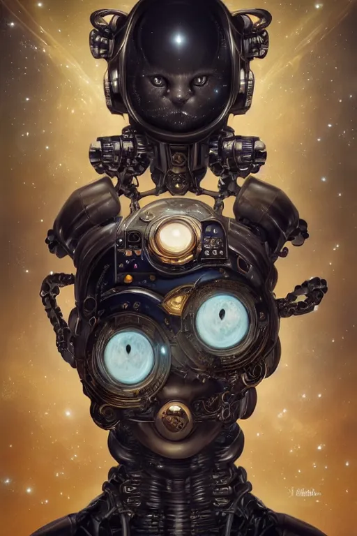 Image similar to a beautiful ultradetailed fine art photo of a futuristic cybernetic cyborg cat against galactic space, by tom bagshaw and natalie shau, portrait, 3 5 mm lens, golden ratio composition, detailed face, studio photography, very detailed, deep depth of field, humanoids, industrial robotic cats, artstation, 8 k, highly coherent