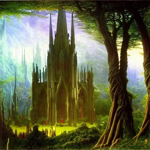 Image similar to a beautiful and highly detailed matte painting of an elven cathedral in a magical celtic forest, otherworldly trees and plants and flowers, detailed spires, wide angle, by caspar friedrich, albert bierstadt, james gurney, brian froud,