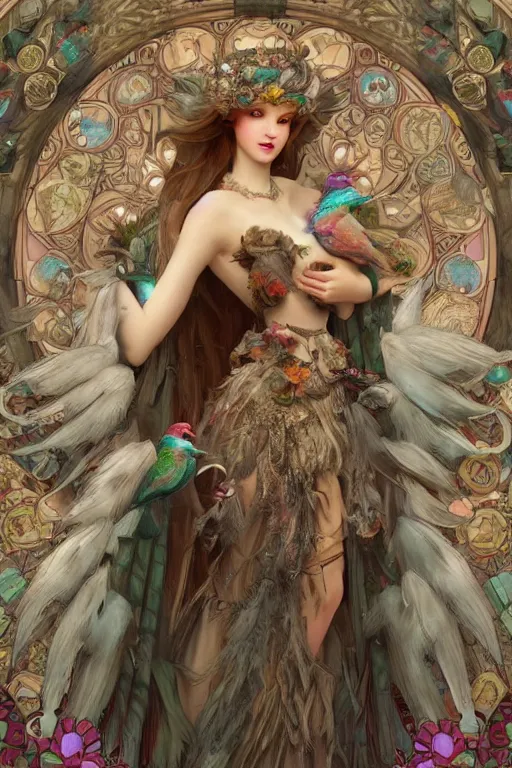 Image similar to zoomed in 3 d render of english princess holding birds, ornaments, mucha vibe, dieselpunk, solarpunk, artstation