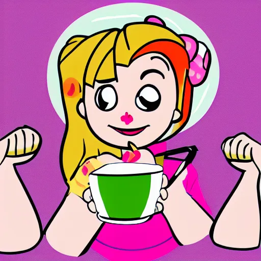 Image similar to blossom ( the powerpuff girls ) drinking coffee in a cup, very detailed face