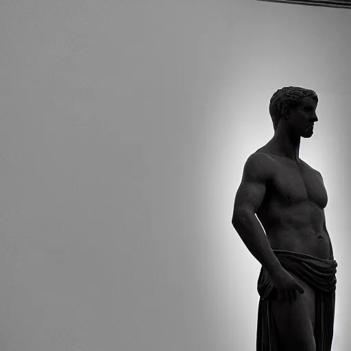 Image similar to ryan gosling as roman statue, dramatic light, reflective, clear, museum exposition
