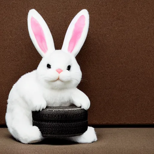 Image similar to a cute easter bunny sitting on a tire, studio photo, high quality