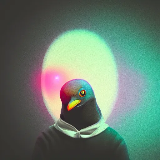 Image similar to penguin in hoodie, portrait, vaporwave, synthwave, neon, vector graphics, cinematic, volumetric lighting, f 8 aperture, cinematic eastman 5 3 8 4 film, photorealistic