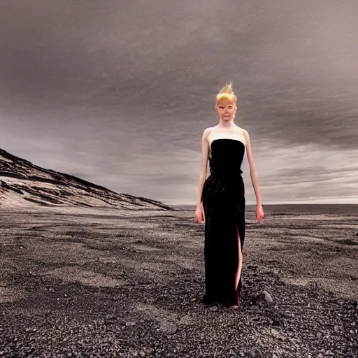 Prompt: ultra closeup portrait, comme des garcon black silk gown, iceland background, by lurie belegurschi and gunnar freyr