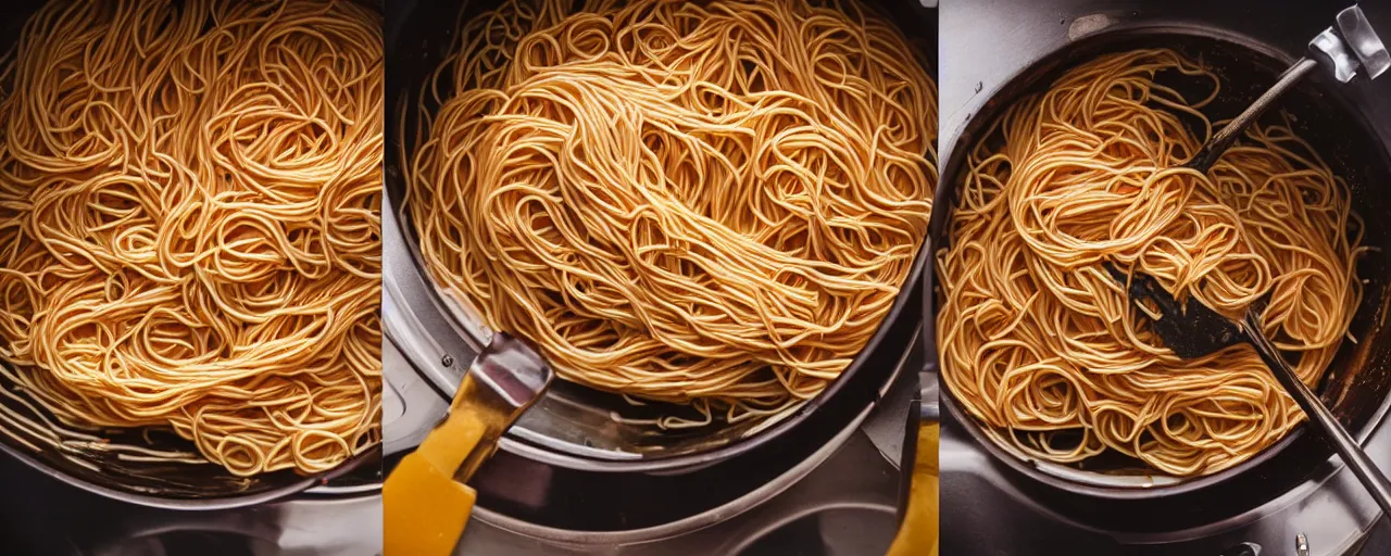 Prompt: macro shot cooking spaghetti in a big pot, boiling water, clean surface, kodachrome, in the style of wes anderson, retro