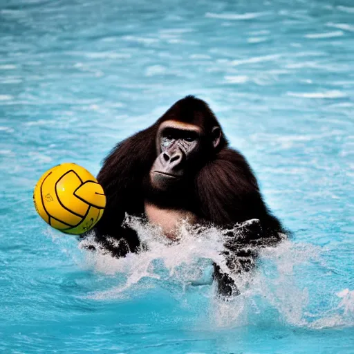 Prompt: back side photograph of a silverback gorilla throwing a ball to a water polo goalkeeper