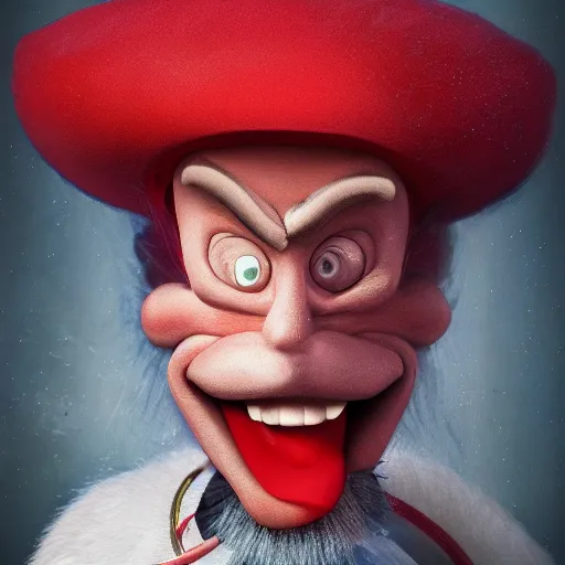 Image similar to A portrait of an evil sorecerer with a red hat, disneyy style, high detail, 8k