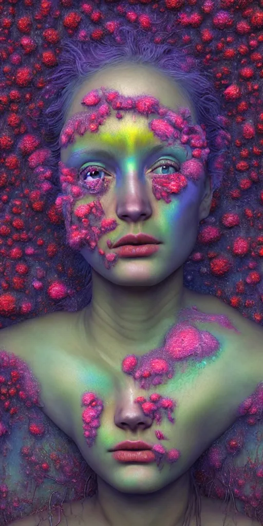 Image similar to hyper detailed 3d render like a Oil painting - portrait sculpt of Aurora (Singer) seen in mascara Lips on the Strangling network of yellowcake aerochrome and milky Fruit that covers her body and Her delicate Hands hold of gossamer polyp blossoms bring iridescent fungal flowers whose spores black the foolish stars by Jacek Yerka, Mariusz Lewandowski, Houdini algorithmic generative render, Abstract brush strokes, Masterpiece, Edward Hopper and James Gilleard, Zdzislaw Beksinski, Mark Ryden, Wolfgang Lettl, hints of Yayoi Kasuma, octane render, 8k