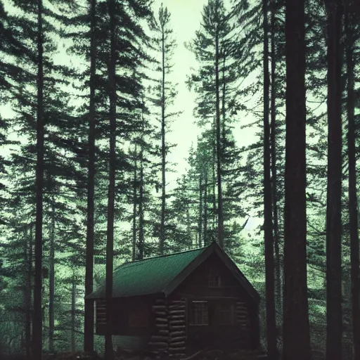 Prompt: a photo of a Eerie cabin in the middle of the woods in the style of blurry iphone footage