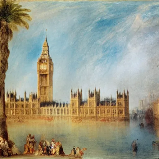 Prompt: London houses of parliament with palm trees, painted by Turner