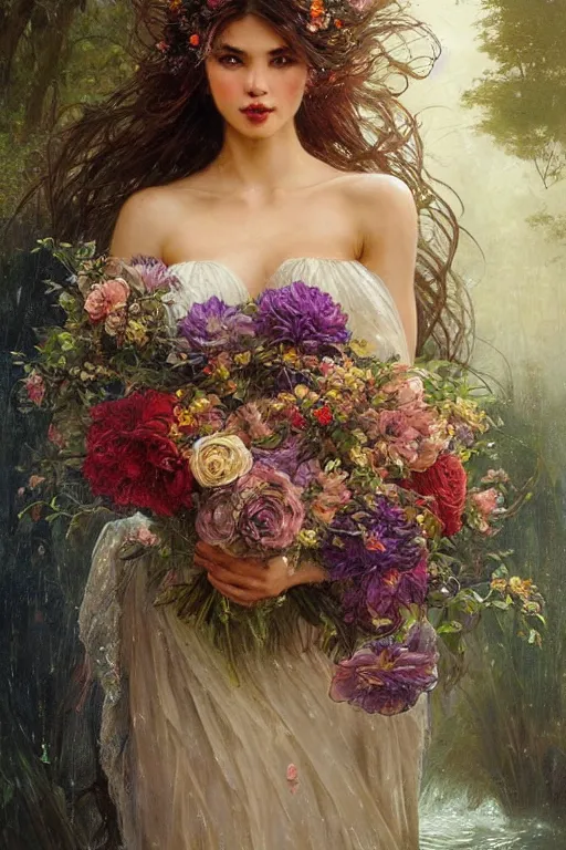 Prompt: portrait of a beautiful mysterious woman holding a bouquet of flowing flowers, drenched body, wet dripping long hair, hands hidden under the bouquet, emerging from the water, fantasy, regal, intricate, by stanley artgerm lau, greg rutkowski, thomas kindkade, alphonse mucha, loish, norman rockwell