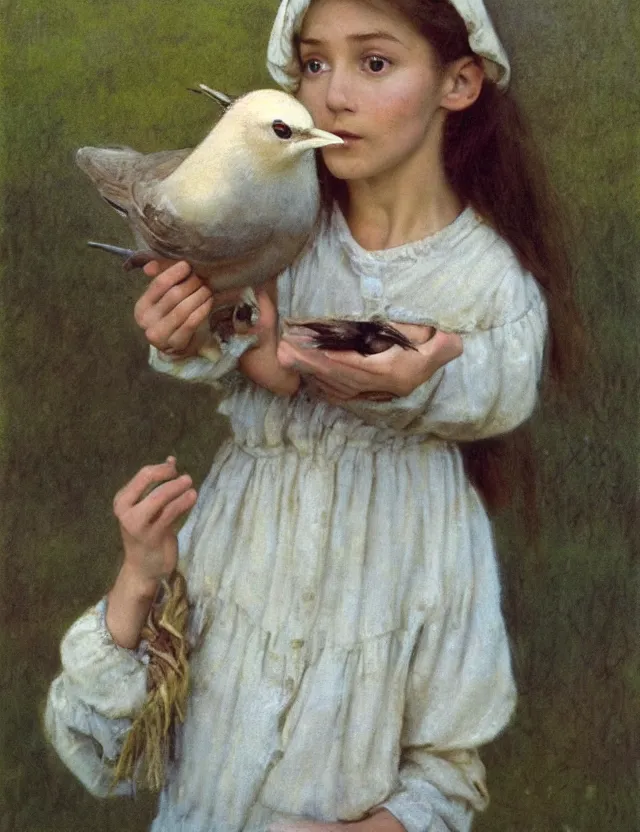 Image similar to portrait of little peasant girl holding bird in her hands, cottage core, cinematic focus, polaroid photo bleached vintage pastel colors high - key lighting, soft lights, foggy, by steve hanks, by lisa yuskavage, by serov valentin, by tarkovsky, 8 k render, detailed, oil on canvas