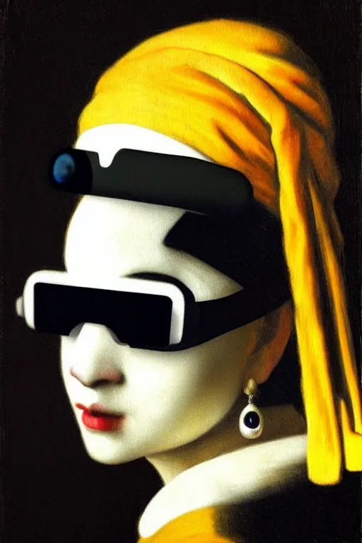 Image similar to Panda with a pearl earring by johannes vermeer, masterpiece , black background, oil painting, cyberpunk virtual reality goggles.