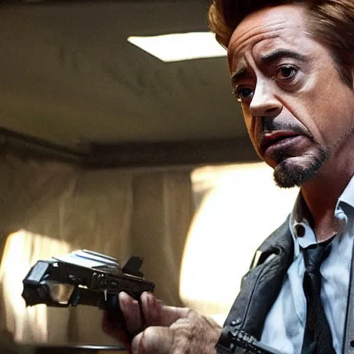 Prompt: cinematic still of robert downey jr as kirk lazarus in tropic thunder film