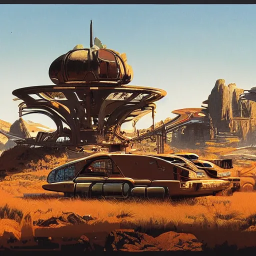 Prompt: painting of syd mead artlilery scifi tech with ornate metal work lands in country landscape, filigree ornaments, volumetric lights, simon stalenhag