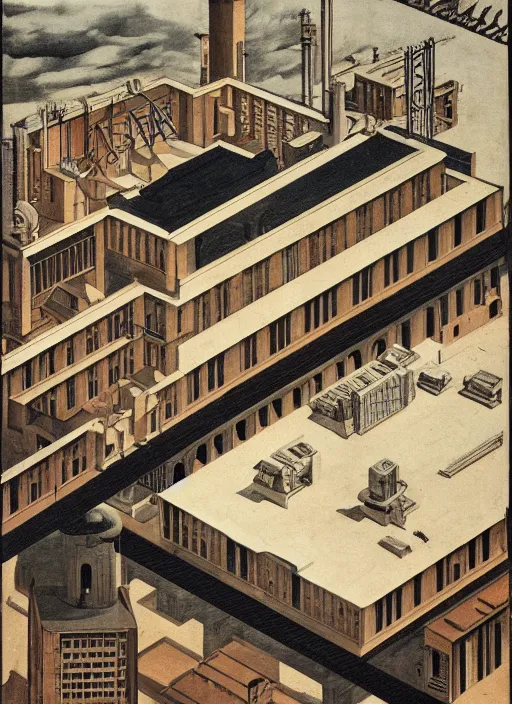 Prompt: an axonometric painting by giorgio de chirico of an elongated industrial warehouse designed by elia zenghelis