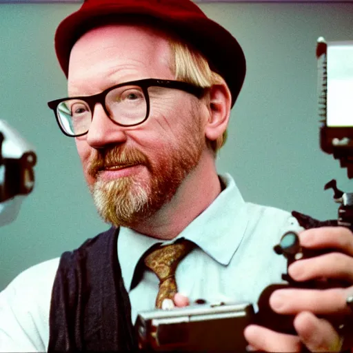 Prompt: color 35mm film still of Adam Savage, figure portrait