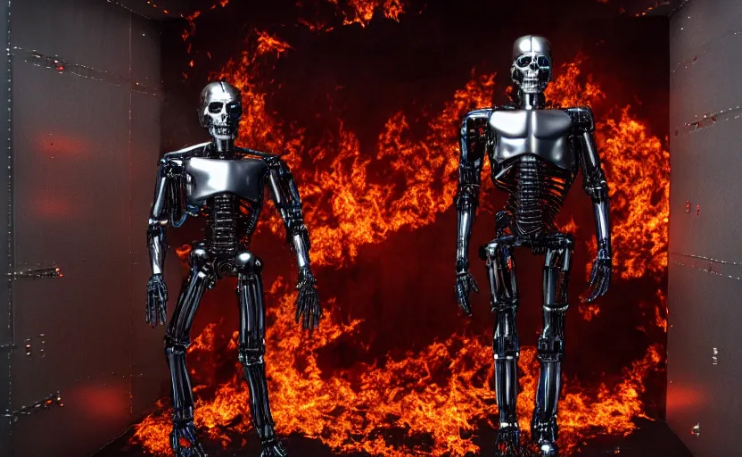 Prompt: full body shot. high detailed burning terminator without flesh, staying in front of burning data center room, extreme long shot, 1 6 mm, high detail, cinematic colors, sharp, by james cameron
