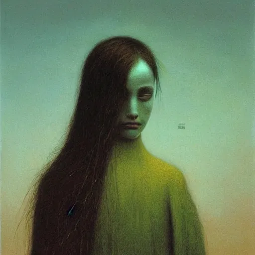 Prompt: young girl with a crow's head , painting by Beksinski