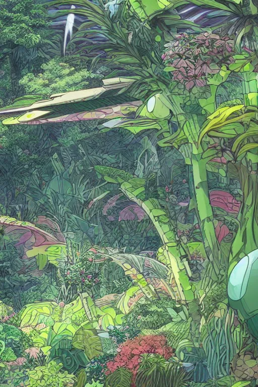 Image similar to concept art painting of a multi level botanical garden spaceship, artgerm, moebius, inio asano, toon shading, cel shading, calm, tranquil, vaporwave colors,