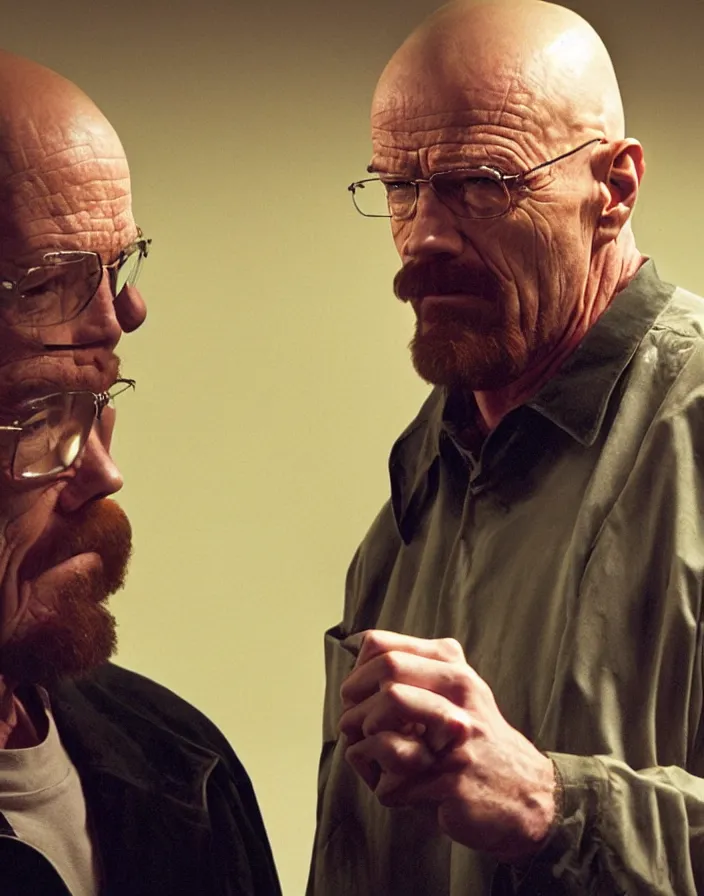 Image similar to medium close - up of walter white chatting with the unabomber in a club, bad quality, phone photo, leaked photo, paparazzi photo, realistic, 7 2 0 p