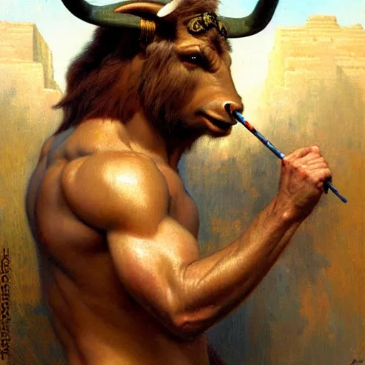 Prompt: a portrait of a minotaur smoking a joint. highly detailed painting by gaston bussiere, craig mullins, j. c. leyendecker, furry