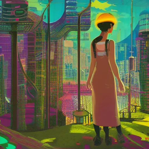 Prompt: lofi girl, utopian city, solarpunk