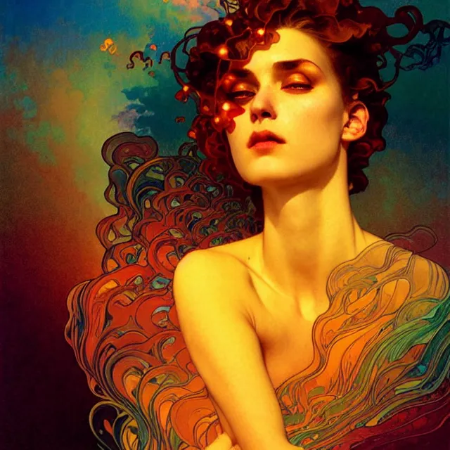 Image similar to transcendent mind bending indigo waves of glossy psychedelic liquid honey flowing like kaleidoscopic translucent amber, lsd waves, honey ripples, enlightenment, dramatic professional lighting, refracted sunset lighting, art by collier, albert aublet, krenz cushart, artem demura, alphonse mucha