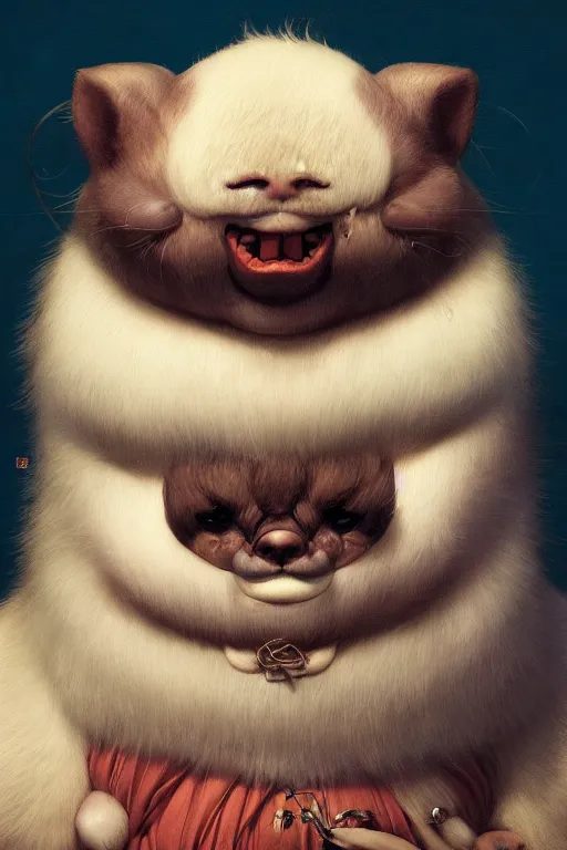 Prompt: a portrait of a fatty cute japanese animal illustrated by miyazaki by karol bak, james jean, tom bagshaw, rococo, sharp focus, trending on artstation, cinematic lighting, hyper realism, octane render, 8 k, hyper detailed, vivid, ultra detailed, highly detailed