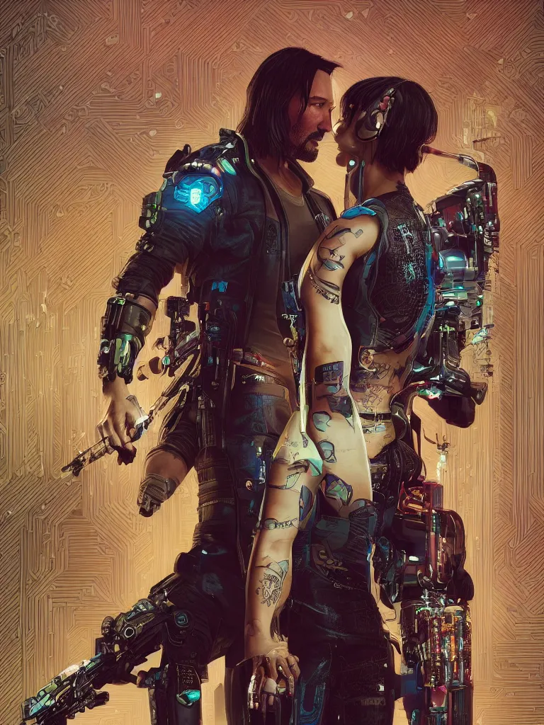 Prompt: a cyberpunk 2077 wedding couple portrait of Keanu Reeves and V in love story,pray,hug,hold,kiss,film lighting,by Lawrence Alma-Tadema,Andrei Riabovitchev,Laurie Greasley,Dan Mumford, John Wick,Speed,Replicas,artstation,deviantart,FAN ART,full of color,Digital painting,face enhance,highly detailed,8K,octane,golden ratio,cinematic lighting