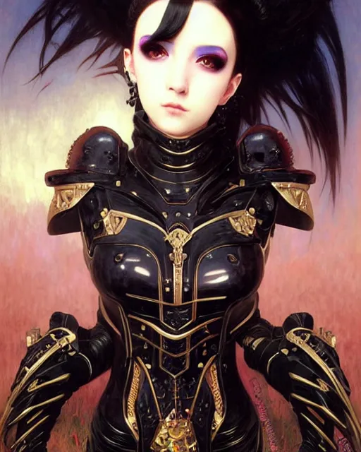 Prompt: portrait of beautiful goth e - girl cosplay with black hair in warhammer armor, white background, art by ( ( ( kuvshinov ilya ) ) ) and wayne barlowe and gustav klimt and artgerm and wlop and william - adolphe bouguereau