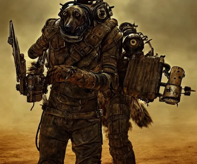 Image similar to a good ol'hound dog fursona ( from the furry fandom ), heavily armed and armored facing down armageddon in a dark and gritty version from the makers of mad max : fury road. witness me.