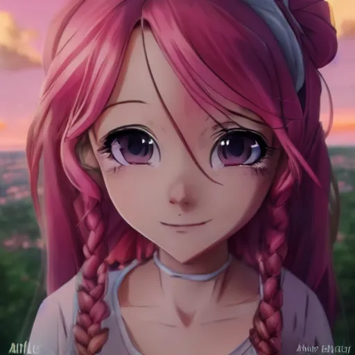 Image similar to belle delphine as an anime protagonist, beautiful anime style, portrait, close - up, cinematic rim lighting, dramatic pose, beautiful sunset, professional, highly detailed, clear, sharp, smug expression, trending on artstation